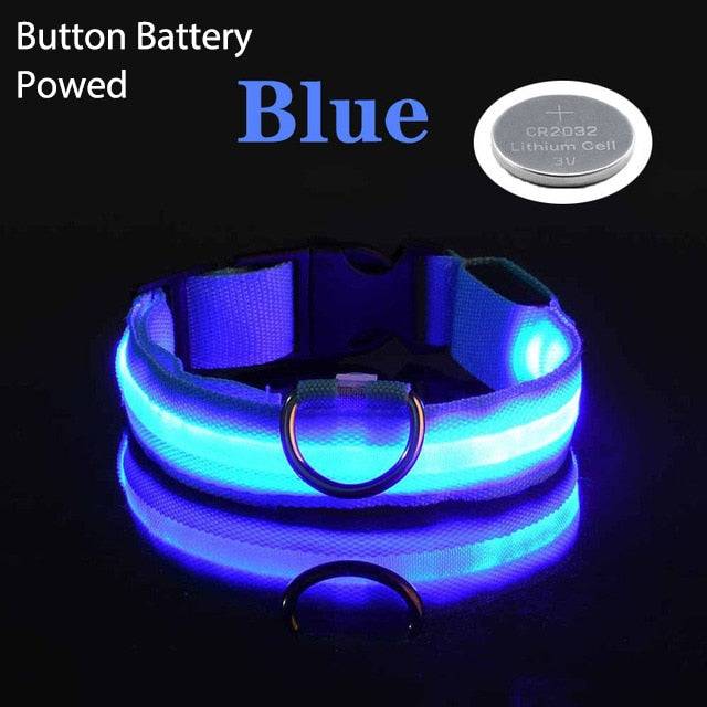 Blue LED flashing dog collar with adjustable strap and button battery for nighttime safety