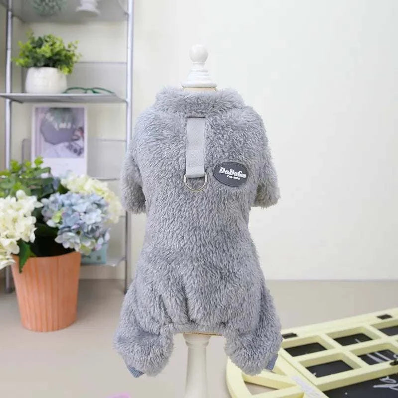 Gray elastic pet jumpsuit made of soft fleece with pull ring for easy dressing