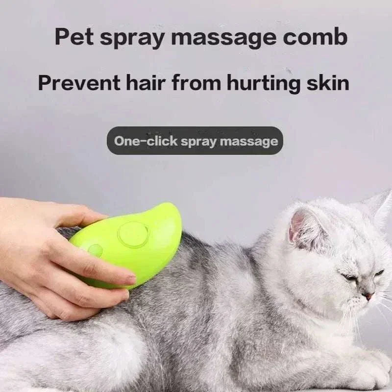 Steamy Pet Brush with pet spray massage comb for gentle grooming and skin protection on gray cat