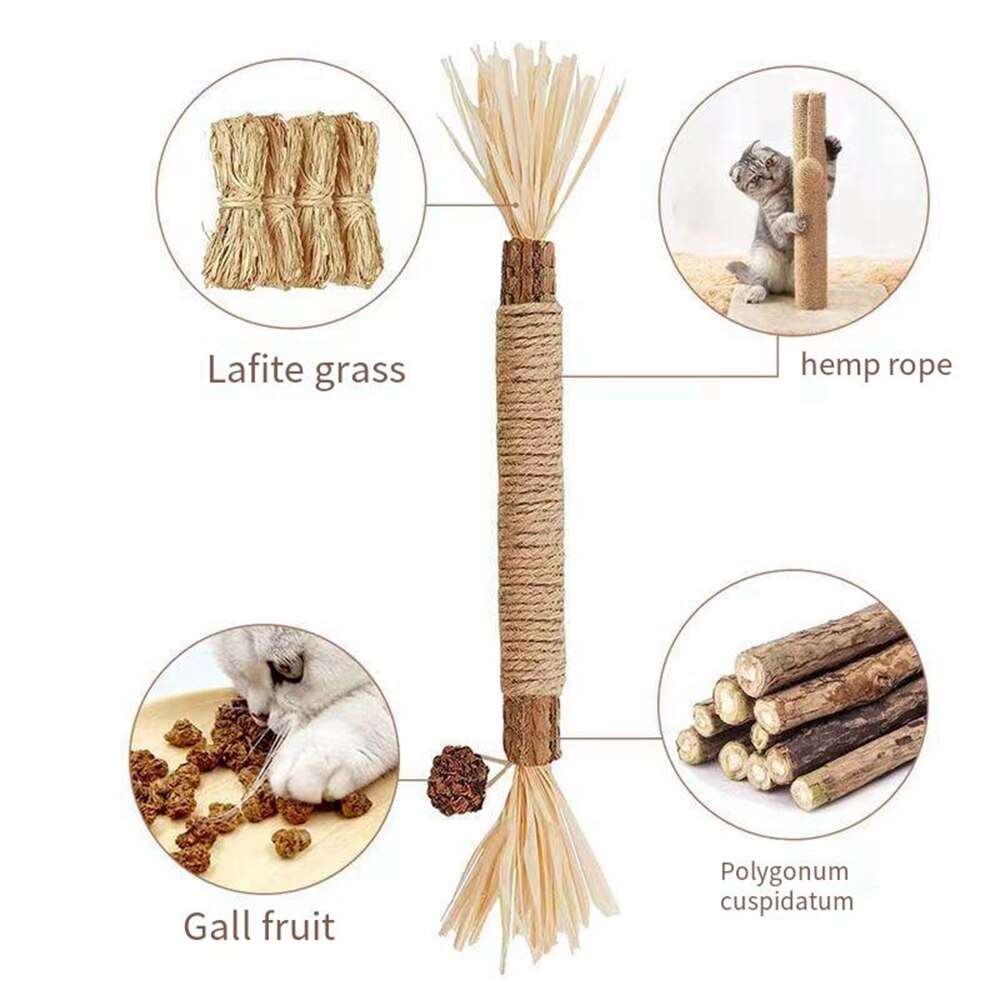 Natural Silvervine Stick cat chew toy with lafite grass, hemp rope, gall fruit, and polygonum cuspidatum for cats' dental health and stress relief