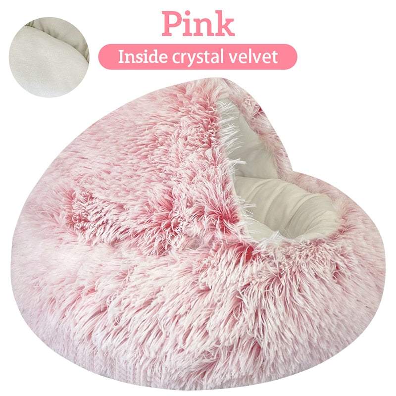 Pink plush pet cat bed with crystal velvet interior, cozy and soft with non-slip bottom, ideal for cats' comfort and security