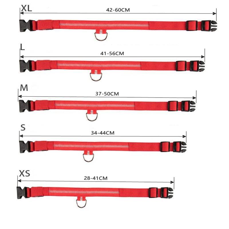 Adjustable red LED flashing dog collars in five sizes for nighttime safety and visibility.