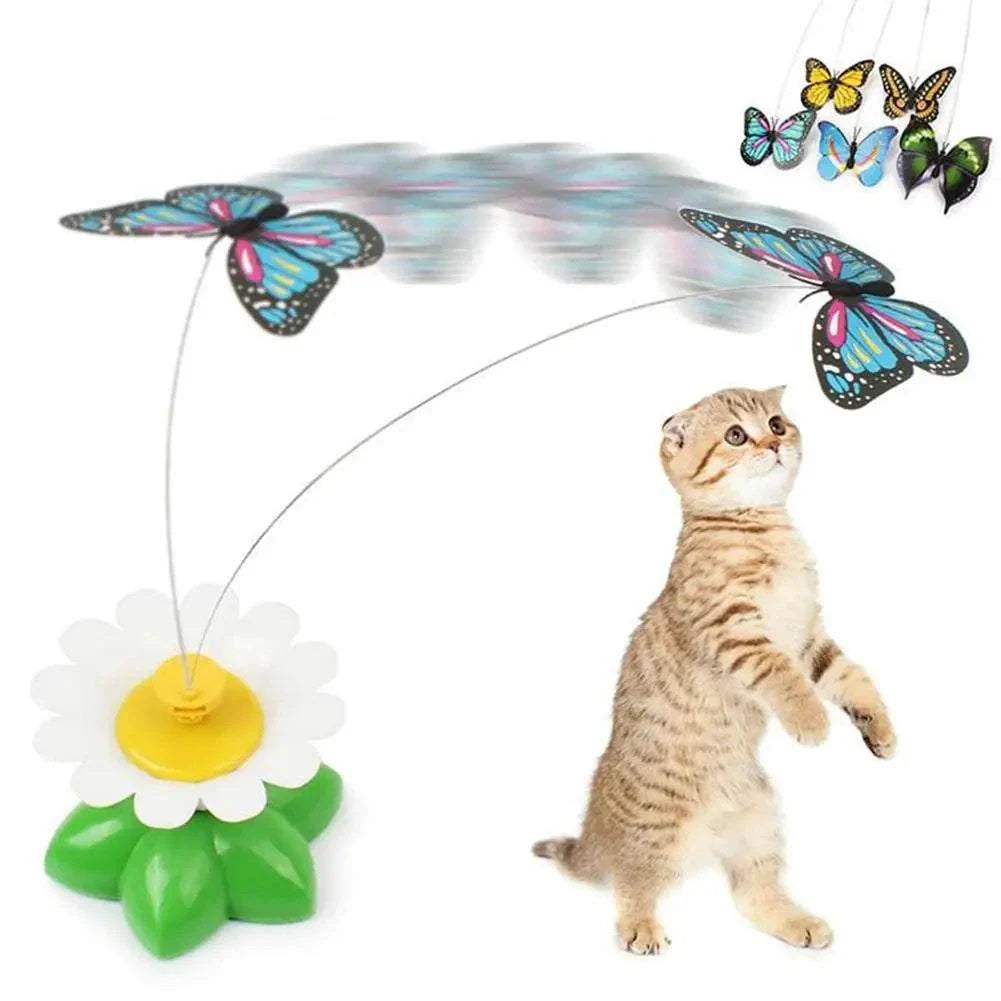 Interactive cat toy with automatic rotating flying butterfly and flower base stimulating playful cat behavior