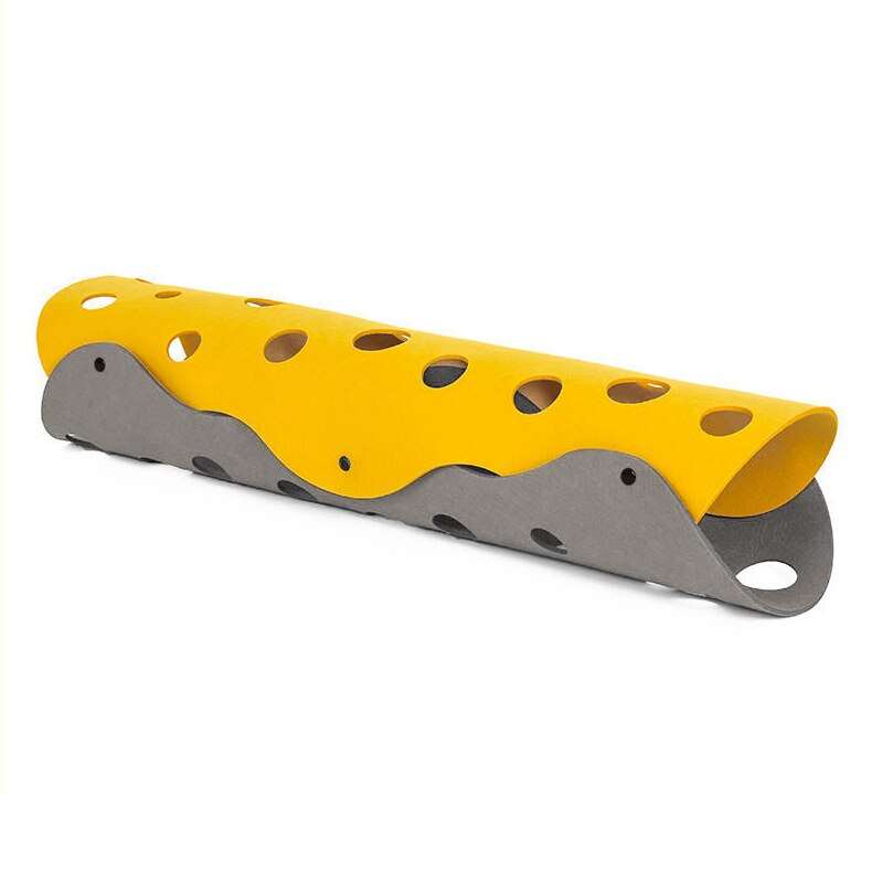 Yellow and gray cat tunnel toy with multiple holes for play and exploration
