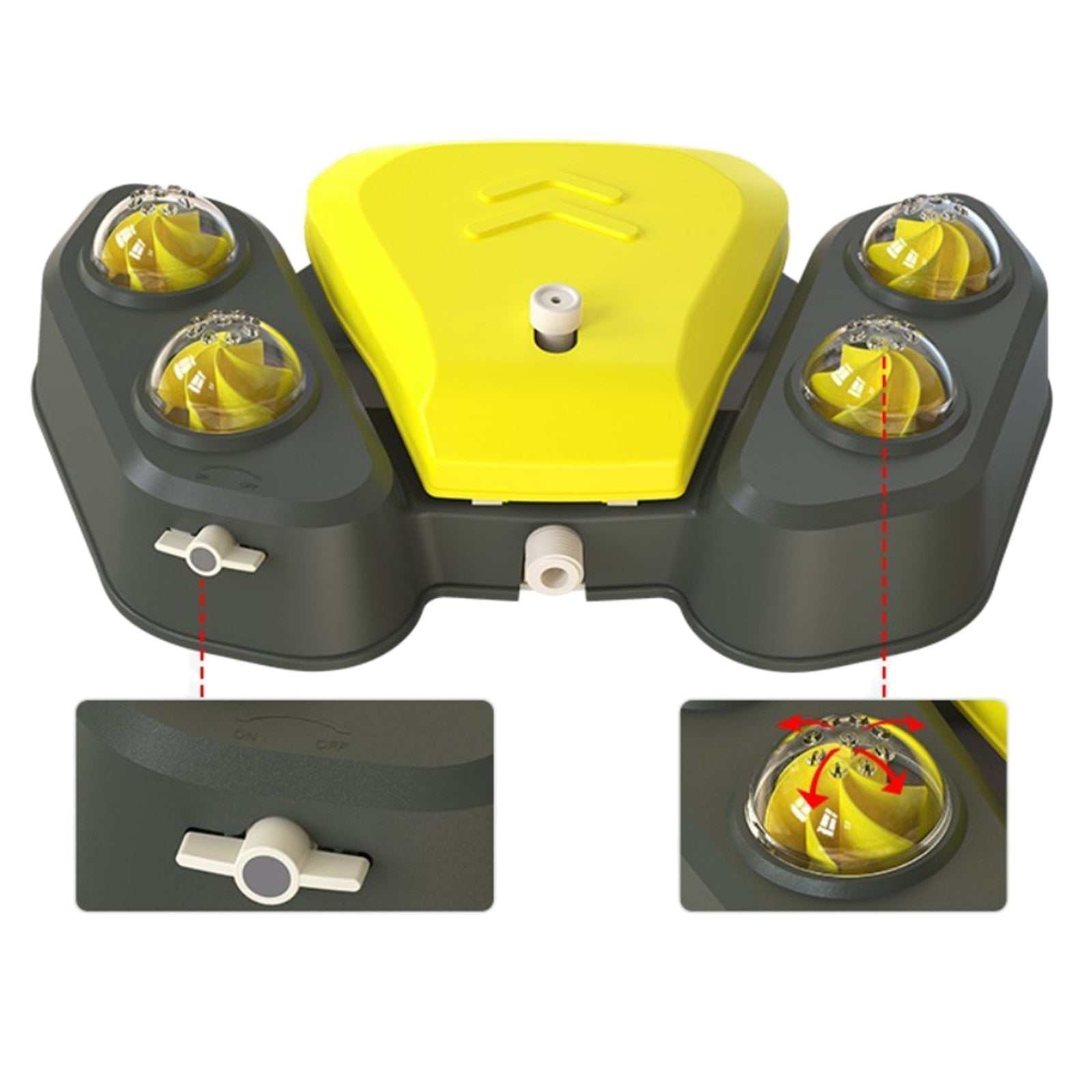 Adjustable dog water sprinkler with four rotating nozzles and central pedal for automatic water dispensing and pet showers