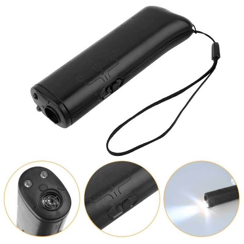 Compact black ultrasonic dog training device with wrist strap and multiple function close-ups