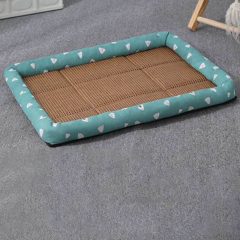 Pet ice pad mat with cooling mesh center and teal cushioned border for pet comfort and heat relief