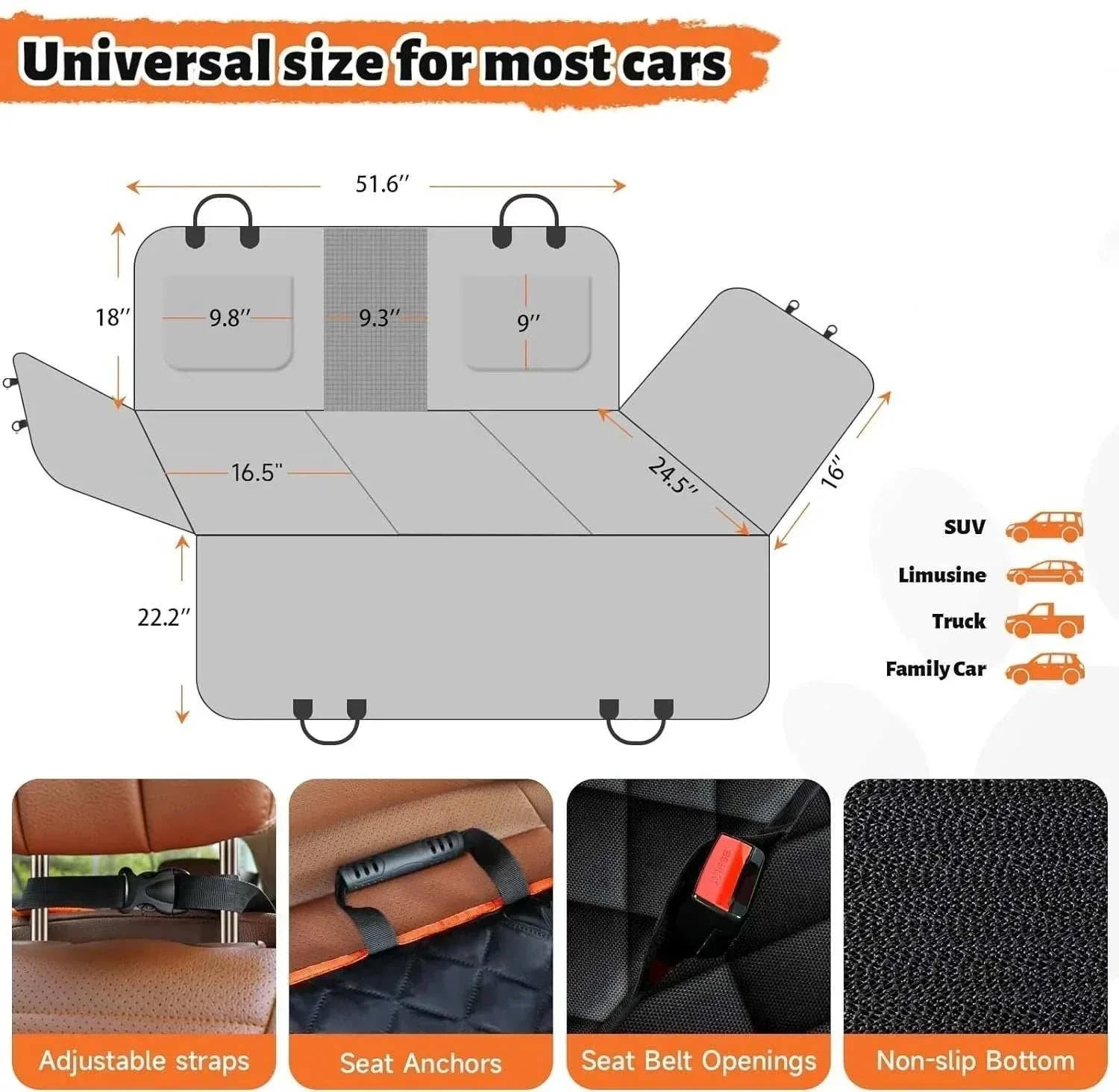 Hard Bottom Dog Car Seat Cover with adjustable straps, seat anchors, seat belt openings, and non-slip bottom for universal fit in cars.