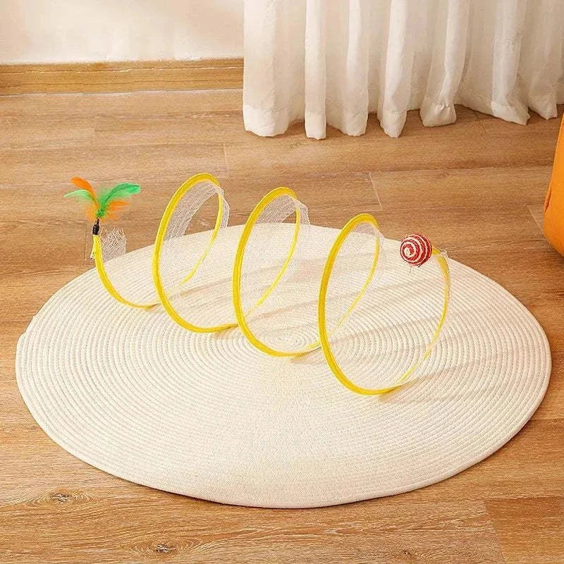 Self-play Cat Hunting Spiral Tunnel Toy with feather and ball for cat entertainment and exercise on round rug