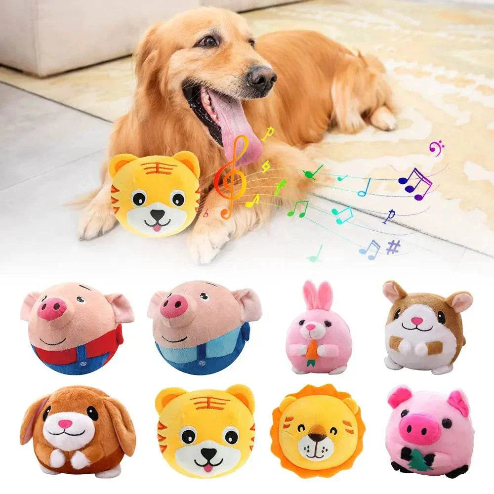 Active Moving Pet Plush Toy keeping dog entertained with colorful animal designs and music notes