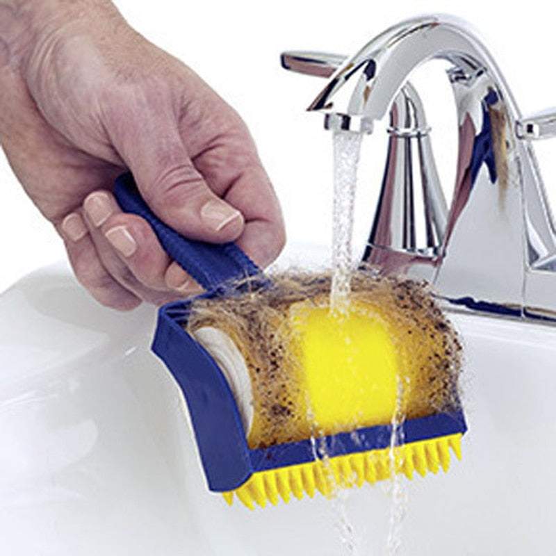 compact pocket sticky lint roller being cleaned under running water with pet hair and lint removed
