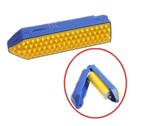 Compact blue and yellow pocket sticky lint roller for removing lint and hair from clothing and fabrics