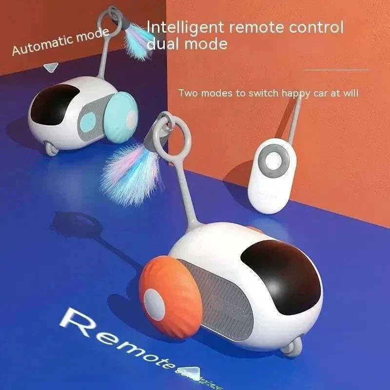 Automatic cat toy with dual mode remote control and feather attachment for interactive pet play