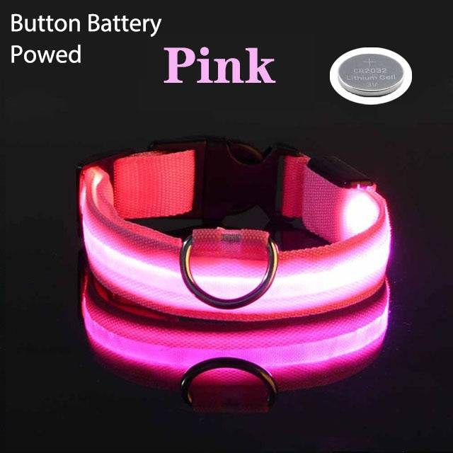 Pink LED flashing dog collar with adjustable strap and button battery powered illumination for nighttime visibility.