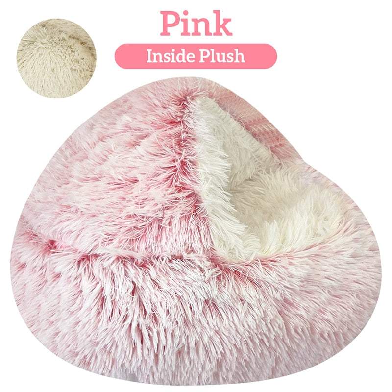 Pink plush pet cat bed with ultra-soft inside lining and cozy round design