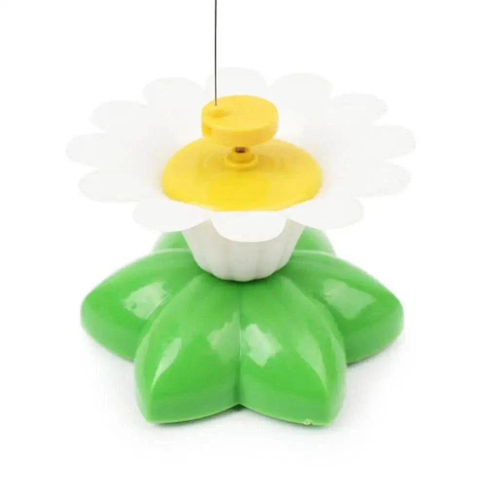 Interactive cat toy with automatic rotating flying butterfly on flower base