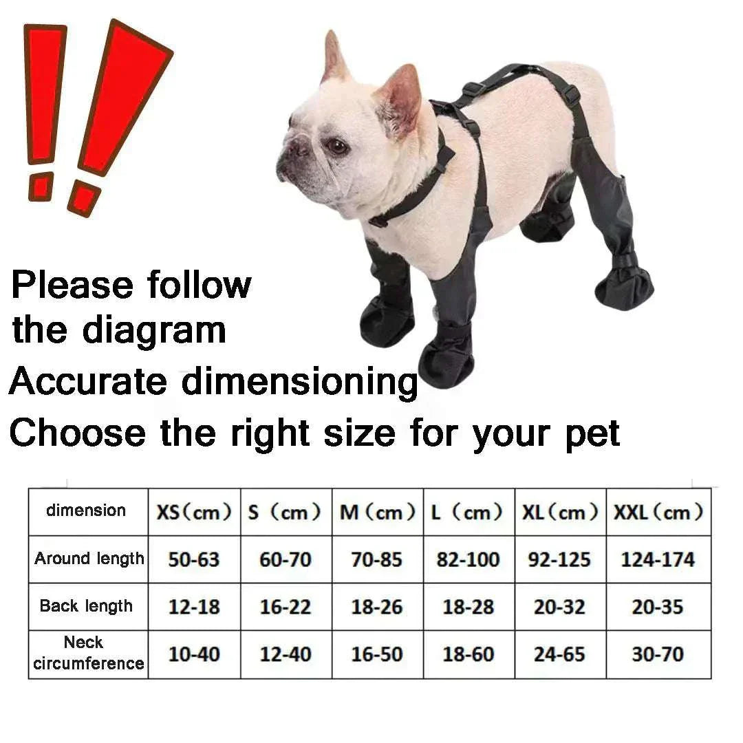 French bulldog wearing adjustable connected dog boots for ultimate paw protection with size chart for proper fitting