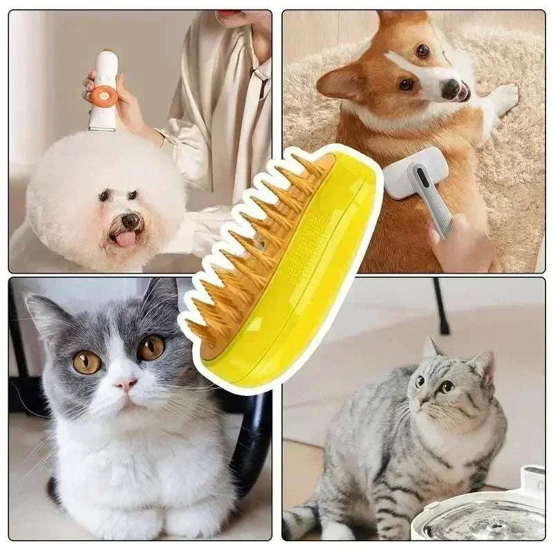 Steamy Pet Brush grooming tool with steam technology for soft, shiny, tangle-free pet coats, shown styling dogs and cats