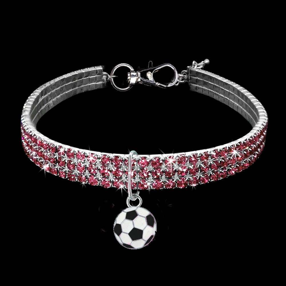 Bling crystal dog collar with pink rhinestones and soccer ball pendant for small dogs and puppies