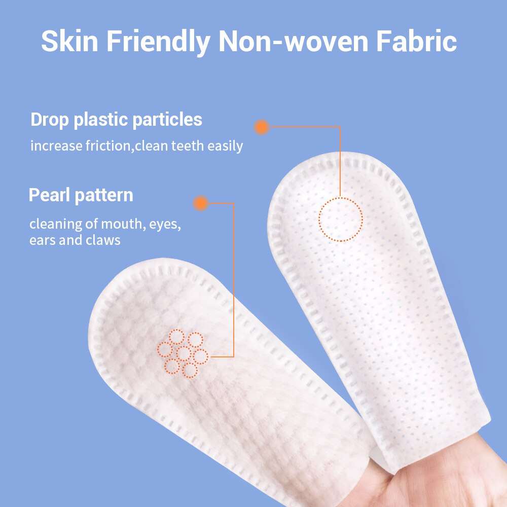 Pet Dental Cleaning Finger Wipes made of soft non-woven fabric with drop plastic particles and pearl pattern for gentle and effective pet oral hygiene.