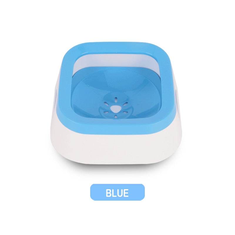 Blue anti splash pet bowl with non-spill design and paw-shaped outlet for clean water and easy travel