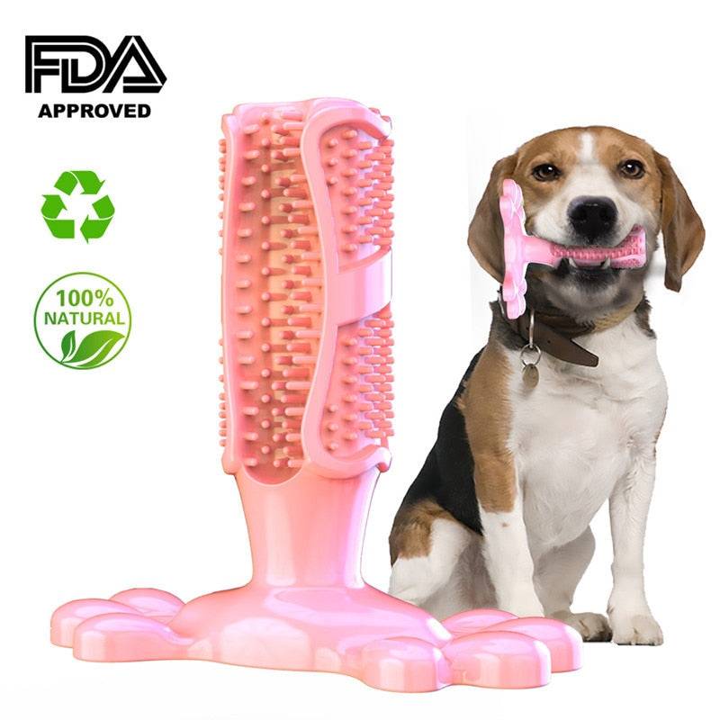 Dog toothbrush chew toy in pink with bristles for dental care used by dog