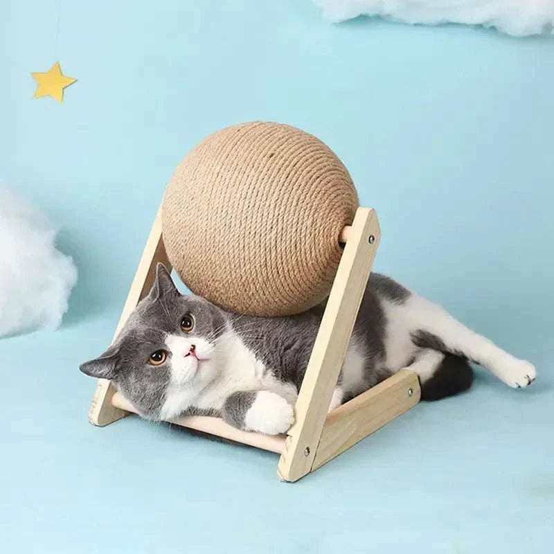 Solid wood cat toy with natural sisal scratcher and attached ball for active play