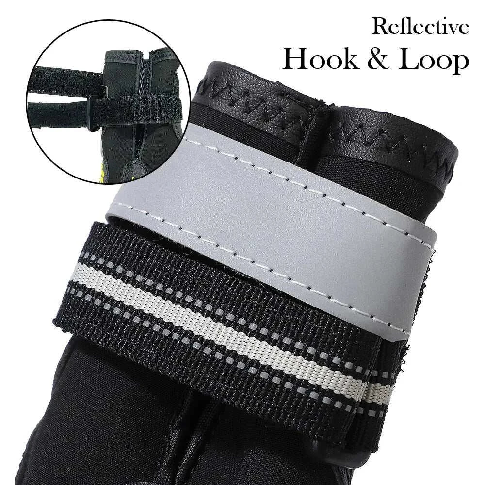 Waterproof reflective dog boots with hook and loop straps for paw protection and visibility
