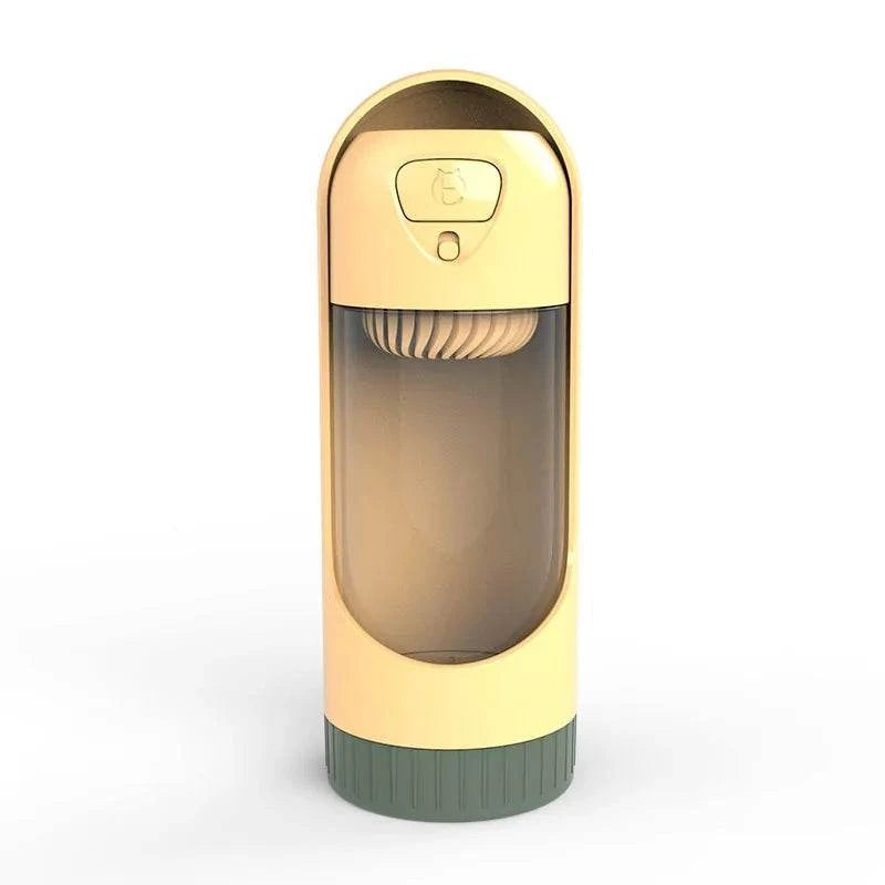 Portable dog drinker bottle with foldable water bowl and one-click open lock system in beige and green colors