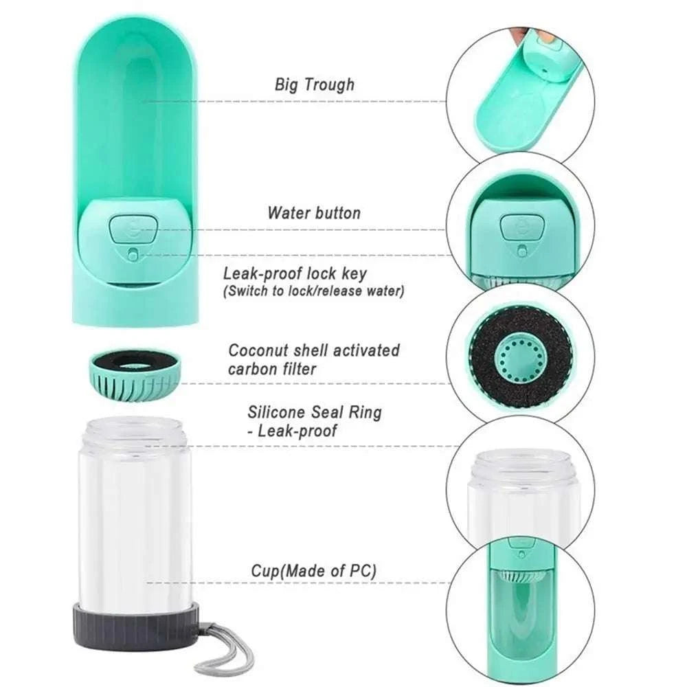 Portable dog drinker bottle with foldable water bowl, one-click lock system, leak-proof silicone seal, and activated carbon filter.