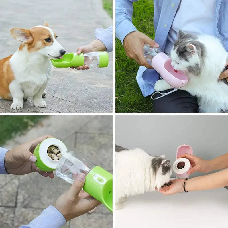 Pet Dog Water Bottle Feeder dispensing water and food to pets with built-in bowl for travel convenience