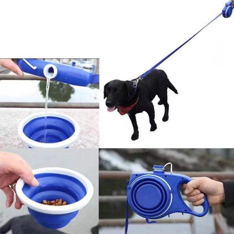 All-in-One Dog Leash with integrated water bottle, collapsible bowl, and durable retractable leash for outdoor pet walks