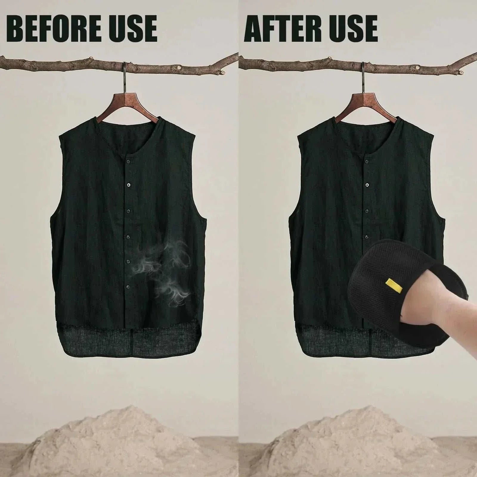 Double-sided static grooming tool glove removing pet hair and lint from black shirt before and after use comparison