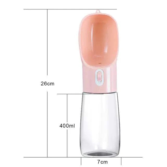 Pink multifunctional pet dog water bottle feeder with built-in bowl, 400ml BPA-free plastic, 26cm height, 7cm width for on-the-go hydration