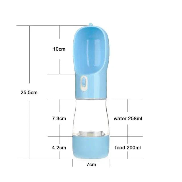 Blue Pet Dog Water Bottle Feeder with built-in bowl for food and water, spill-proof and BPA-free plastic