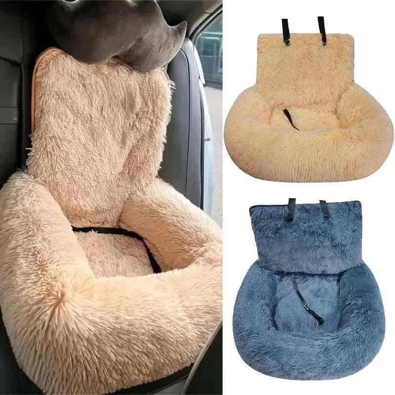 Calming Pet Car Bed plush faux fur travel seat for small to medium dogs with safety straps and removable cover