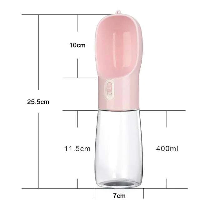 Pink Pet Dog Water Bottle Feeder with built-in bowl, 400ml capacity, BPA-free plastic, portable pet water and food dispenser