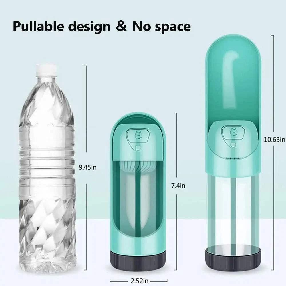 Portable dog drinker bottle with pullable foldable water bowl in teal for easy travel hydration