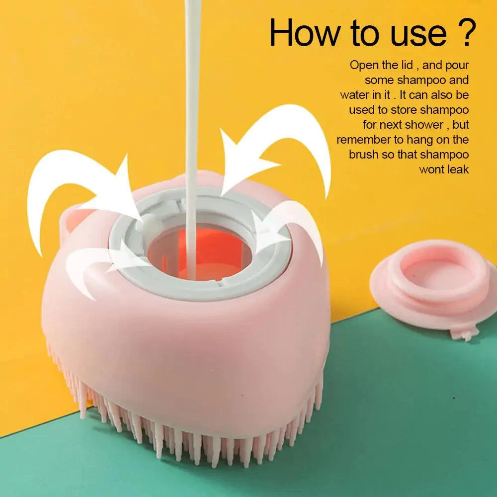 Soft Silicone Dog Brush with built-in shampoo dispenser for gentle pet grooming and massage