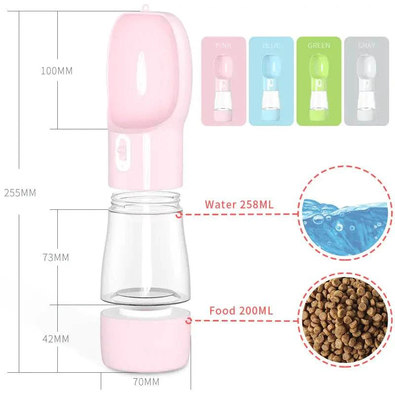 Pet dog water bottle feeder with built-in bowl for food and water dispensing, BPA-free plastic, available in multiple colors.