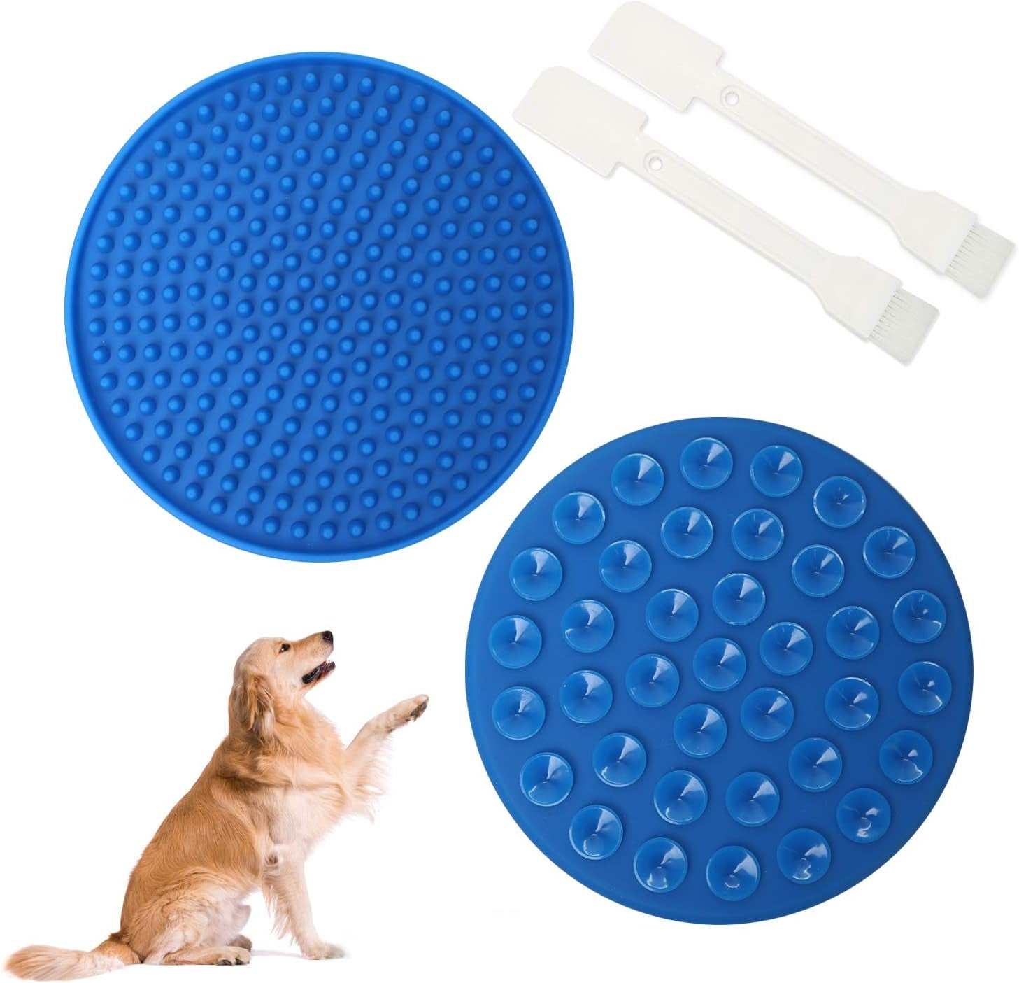 Dog Lick Mat Set-Peanut Butter Lick Mat for Pet Bathing, Grooming, and Dog Training with Bonus Spatula/Cleaning Brush Suitable for All Breeds,Blue