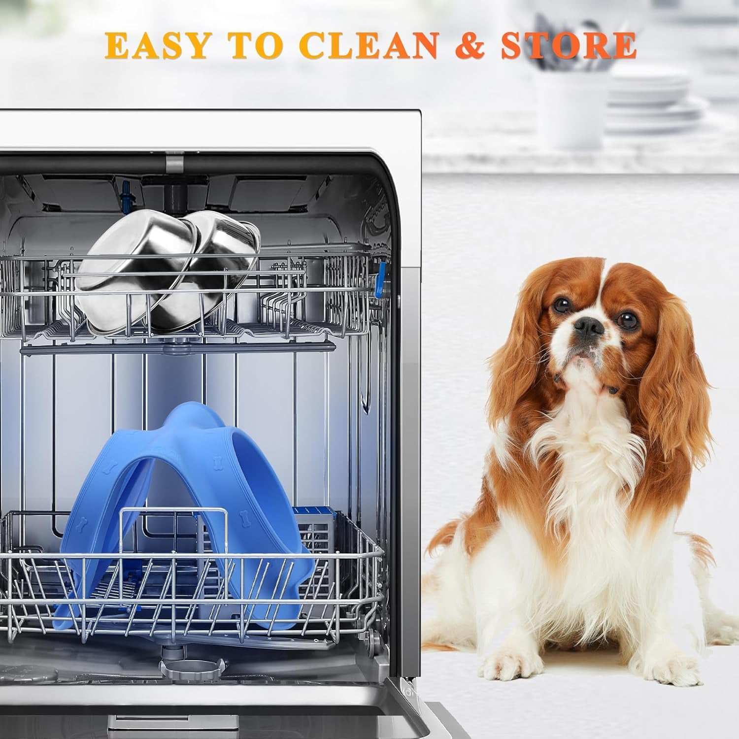 Dog Bowls, Dog Food Bowls, Stainless Steel Cat Puppy Water Bowls with Non Spill Skid Resistant Silicone Mat, Large, Blue