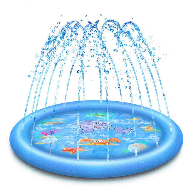 Blue dog splash sprinkler pad with ocean animal designs and water jets spraying upward