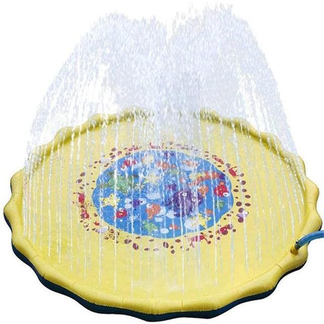Yellow dog splash sprinkler pad with water jets running for outdoor fun and cooling