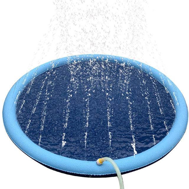 Blue round Dog Splash Sprinkler Pad with water spray jets and connected garden hose