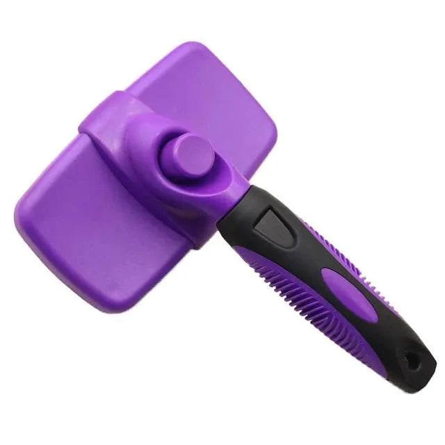 Purple self cleaning dog brush with ergonomic anti-slip handle for easy pet grooming and hair removal
