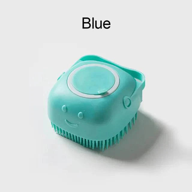 Blue soft silicone dog brush with gentle bristles and built-in shampoo dispenser for pet grooming