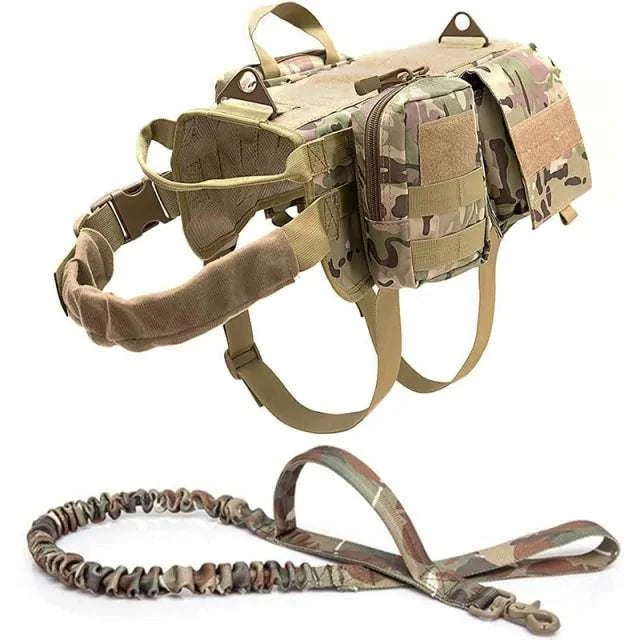 Tactical military dog harness with nylon material, solid camouflage pattern, and adjustable straps for outdoor use