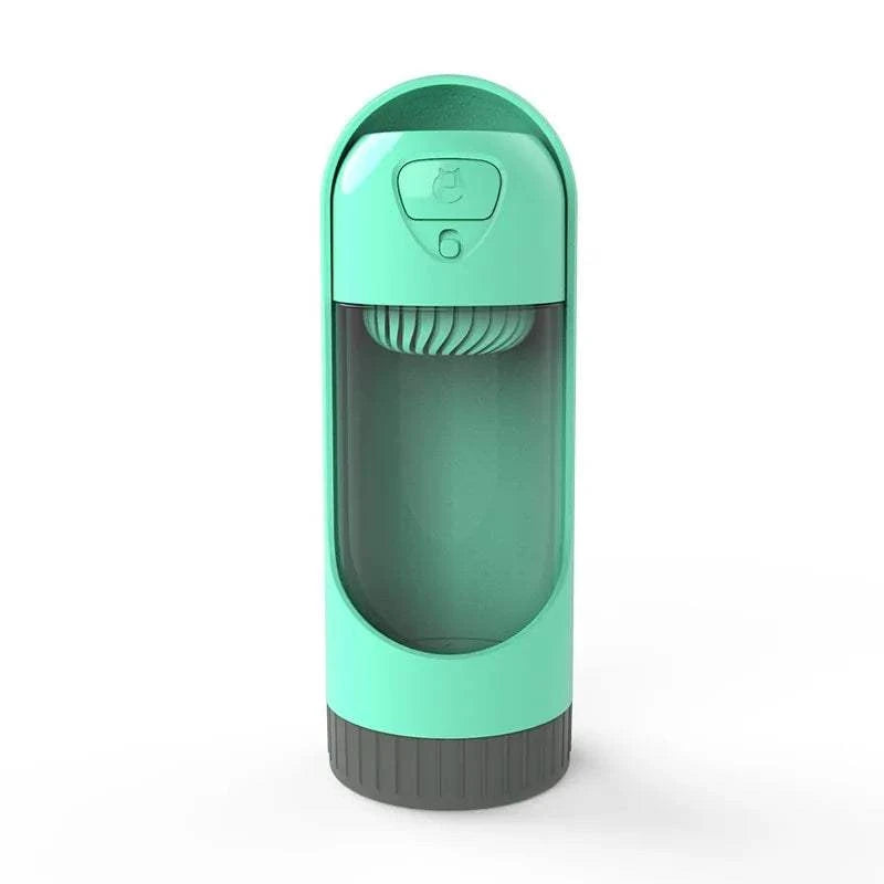 Portable dog drinker bottle in turquoise with foldable water bowl and one-click open lock system