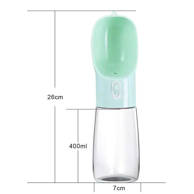 Pet dog water bottle feeder with built-in bowl, 400ml capacity, BPA-free plastic, 26cm height, portable hydration for dogs.